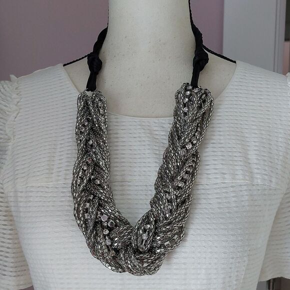 Chico's Jewelry - Chico's Chunky Braided Silver Tone Mesh Chains and Rhinestones Strands Necklace